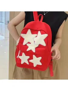 Unisex Preppy Style Star Patched Backpack, Casual Lightweight Large Capacity Backpack, Fashionable Classic Backpack for Daily, Travel, College Use