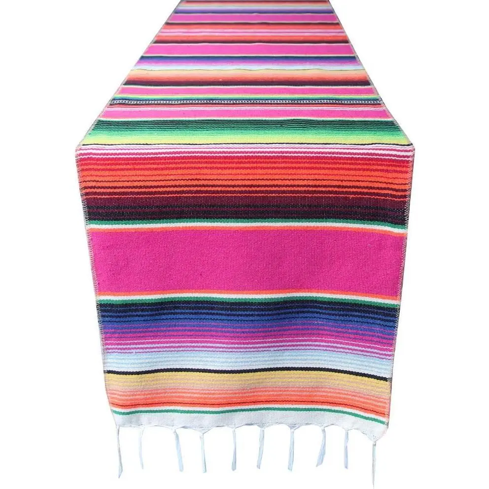 Mexican Serape Table Runners for Mexican Theme Party, Cinco de Mayo Fiesta Party, Day of Death Decorations, Falsa Classic Striped Fringe Pattern Cotton Blanket,14x84 inches