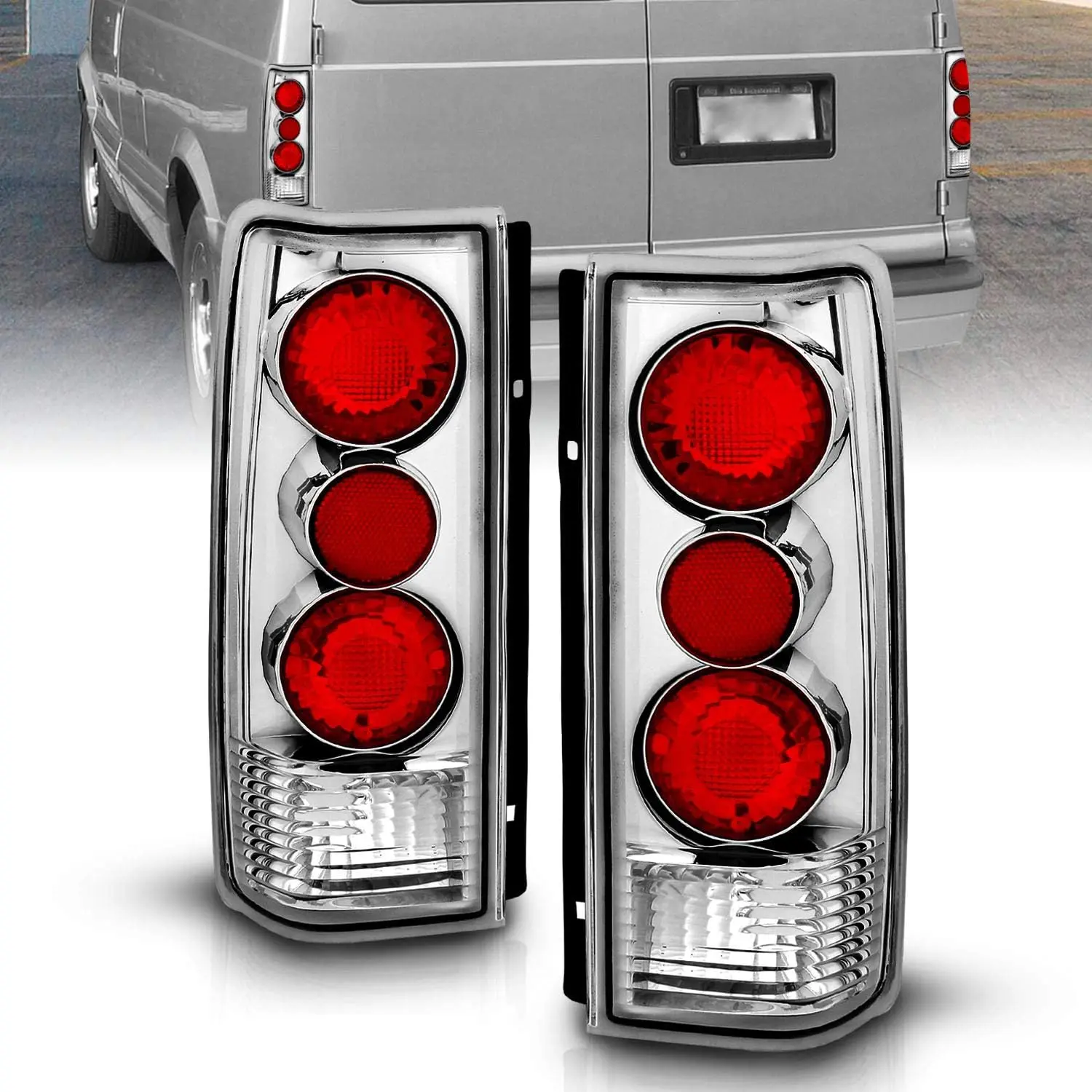 AmeriLite for 1985-2005 Chevy Astro | GMC Safari Van Chrome Euro Aftermarket Halogen Tail Lights Pair - Passenger and Driver Side