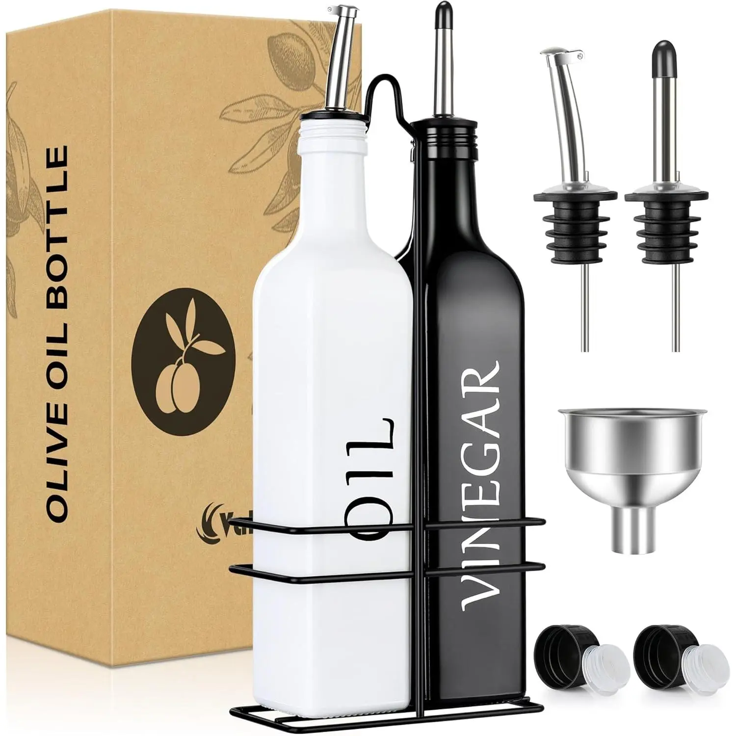 17oz/500ml Extra Thick Glass Oil & Vinegar Dispenser Set - Leak-Proof Stainless Steel Kitchen Gadgets, White Black Cooking Oil Container for Kitchen
