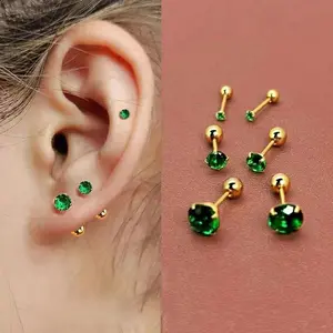 2Pcs Stainless Steel Green Zircon Ear Studs Earrings For Women Helix Tragus Round Small Cartilage Earring Body Piercing Jewelry