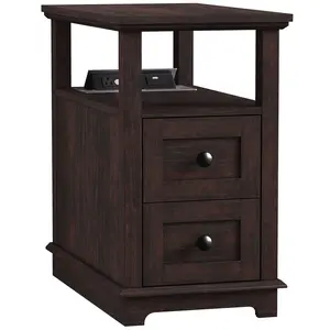 Narrow End Table with Flip Top Charging Station and 2 Drawers, Type-C & USB Port & Power outlets, Wooden Storage Cabinet, Side Table with Storage for Living Room and Bedroom