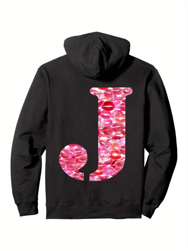 Men'S & Women'S 50% Hoodie with Lipstick Kiss Print & Letter J Back Design - Pink & Black Graphic Sweatshirt, Medium Stretch Regular Fit Pullover with