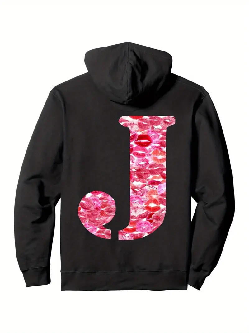 Men'S & Women'S 50% Hoodie with Lipstick Kiss Print & Letter J Back Design - Pink & Black Graphic Sweatshirt, Medium Stretch Regular Fit Pullover with