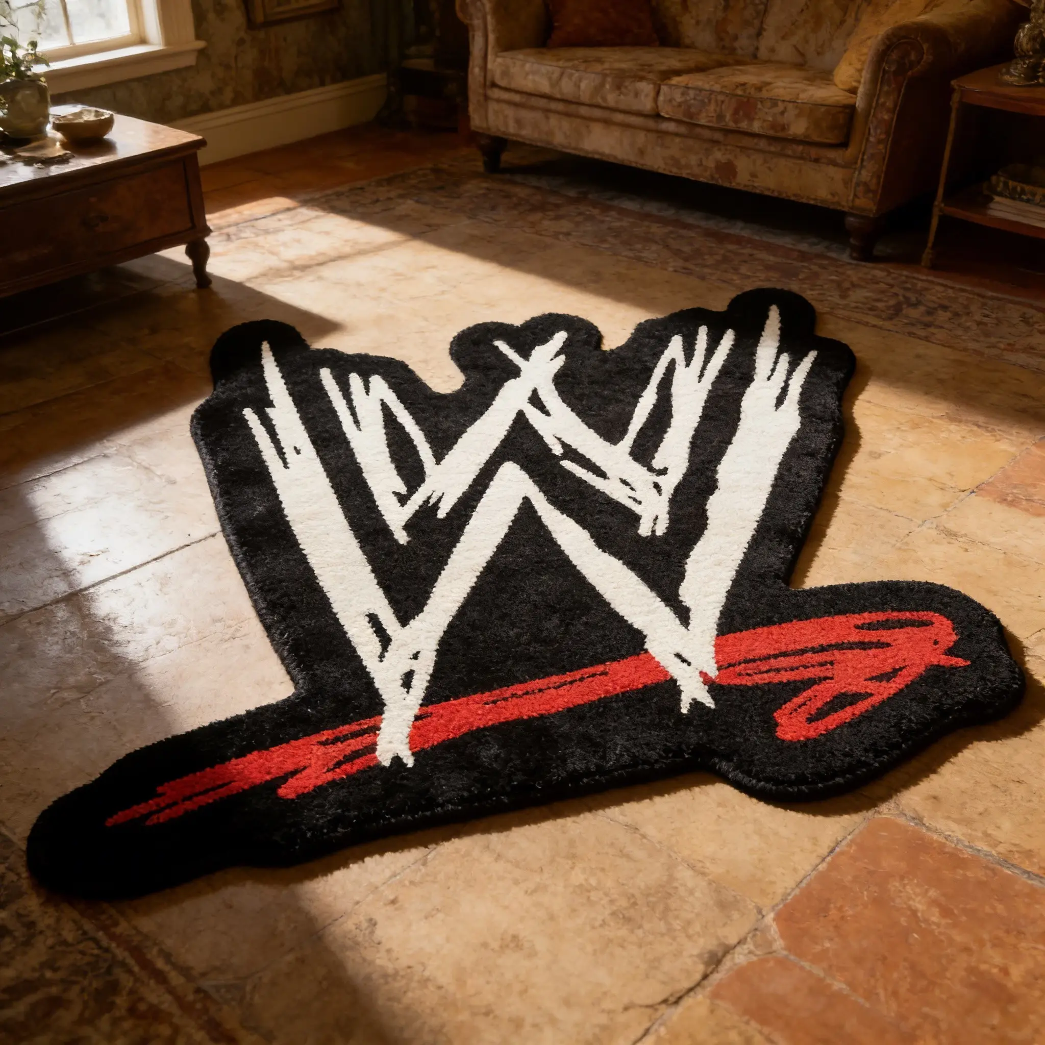 Irregular Shape American Vintage Letter W Print Large Area Rug, Washable Plush Carpet for Living Room Bedroom Office, Fluffy Rug, Irregular Design Rug, Decorative Rugs