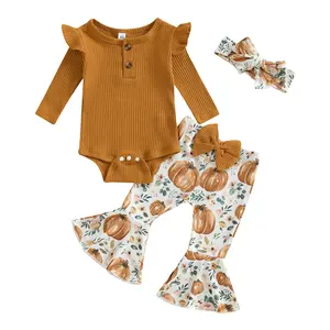 Baby Girl Fall Winter 3Pcs Outfit Long Sleeve Romper Pumpkin Flared Pants With Headband Set