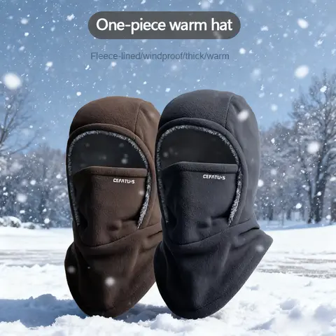 Winter Warmth 2-in-1 Hat & Face Mask Windproof Thick Fleece Lining for Cycling Running Skiing Machine Washable Black