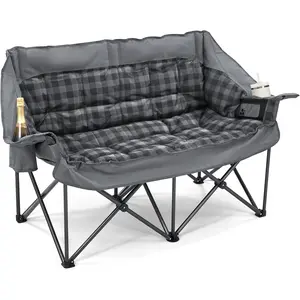 Double Camping Chair Padded 2 Person Camping Chair Camping Loveseat - Heavy Duty Oversized Camping Couch for Adults Outdoor Lawn Beach - Portable Folding Sofa with Cup Holders and Carry Bag, Grey