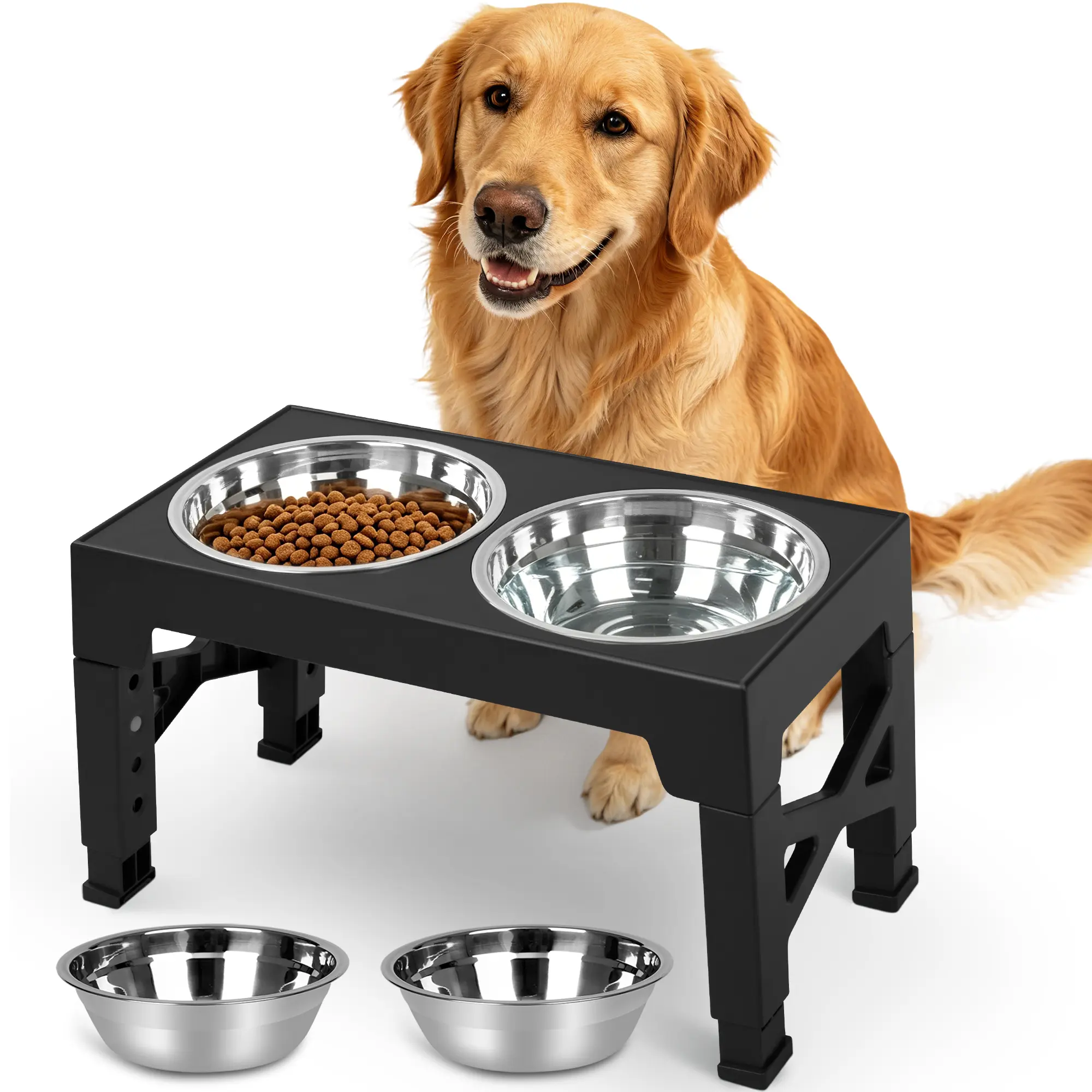 Elevated Dog Bowls with 2 Stainless Steel Dog Food Bowls, Raised Dog Bowl Adjusts to 5 Heights (3.15", 8.66", 9.84",11.02", 12.2") for Small Medium and Large Dogs，DealsforYourDays