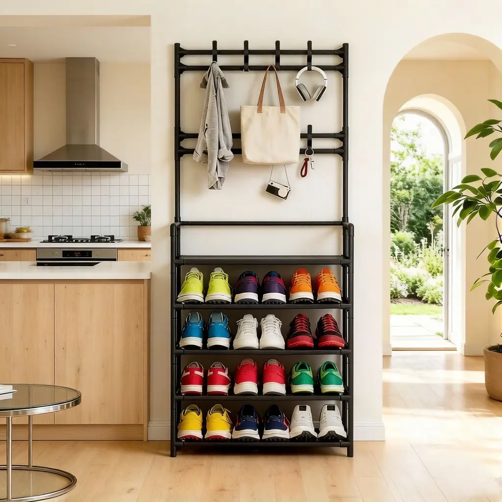 5-layer multifunctional shoe and jacket metal frame -60cm, jacket and shoe cap stand, detachable hooks, multiple layers, independent storage for homes and apartments