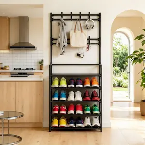 5-layer multifunctional shoe and jacket metal frame -60cm, jacket and shoe cap stand, detachable hooks, multiple layers, independent storage for homes and apartments