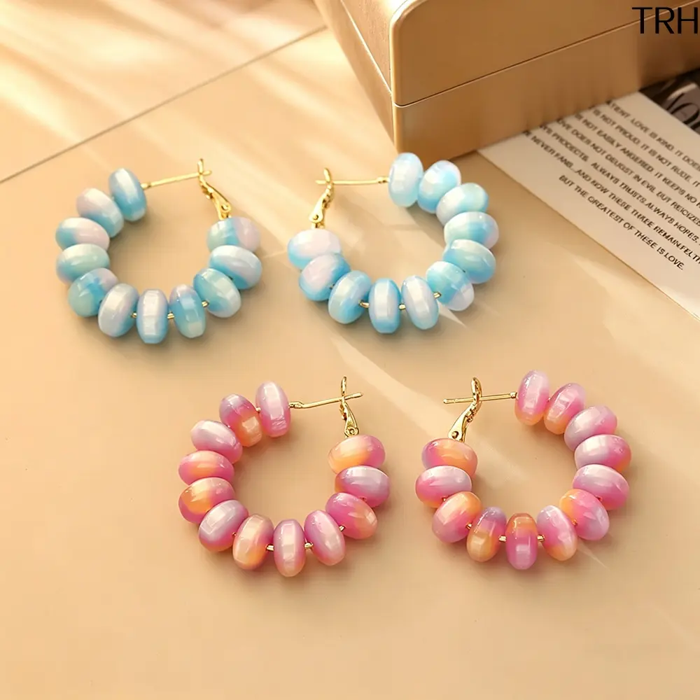 Gradient Pastel Beaded Huggie Hoops for Women, Lightweight Iridescent Earrings with Abacus Bead Detail and Click-Lock Closure, Bead Detail Earrings, Colorful Beaded Earrings