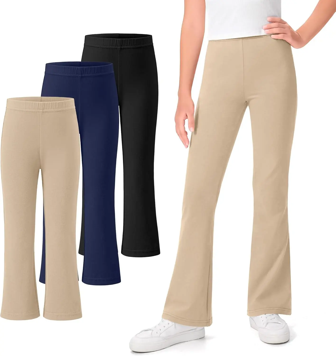 3 Pack School Uniform Pants for Girls Flare Bell Bottoms Leggings