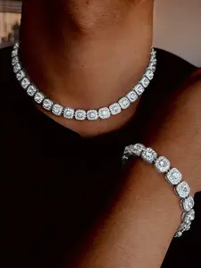 Square Full Drill Cuban Chain Necklace Bracelet Set, Unisex Hip Hop Streetwear Jewelry, Perfect for Evening Parties, Cuban Figaro Set