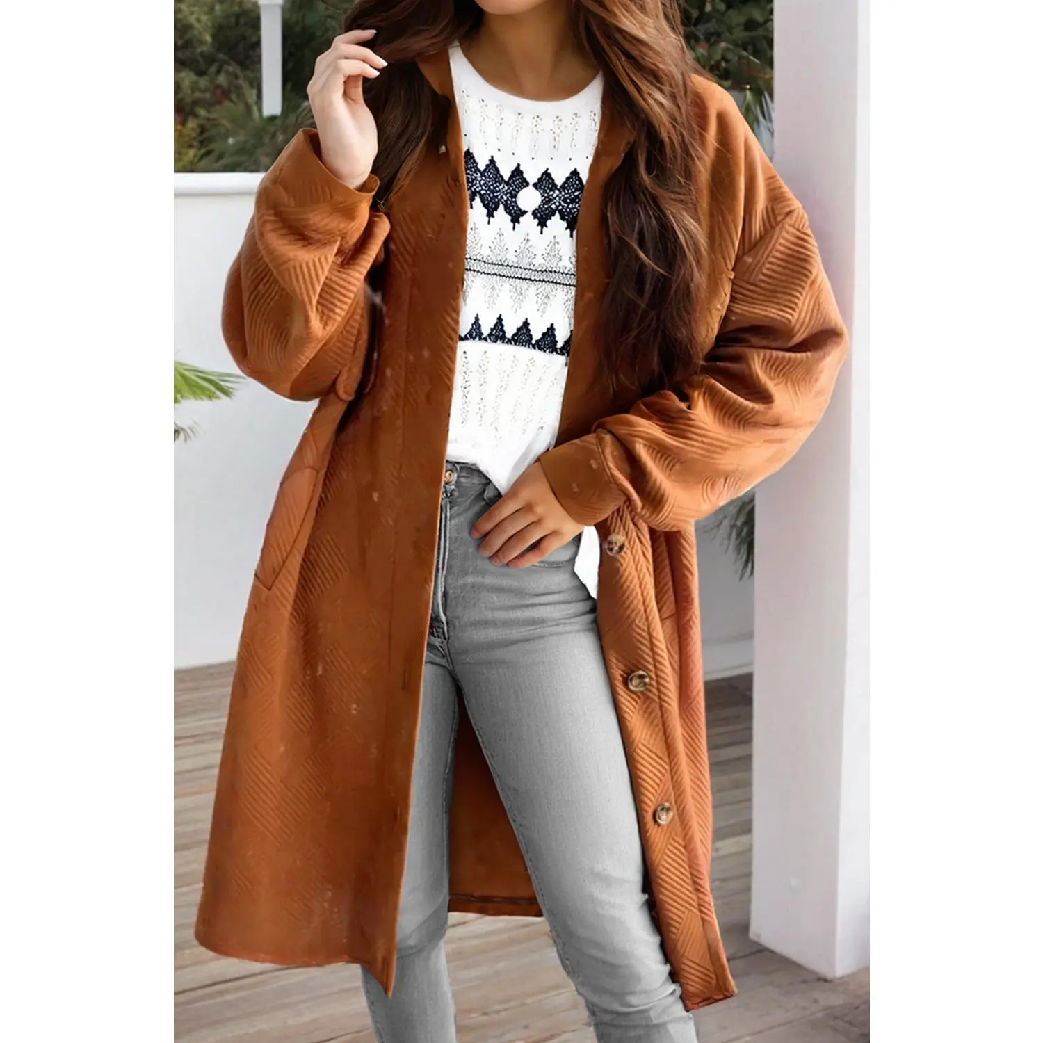 Textured Button Down Collared Neck Coat