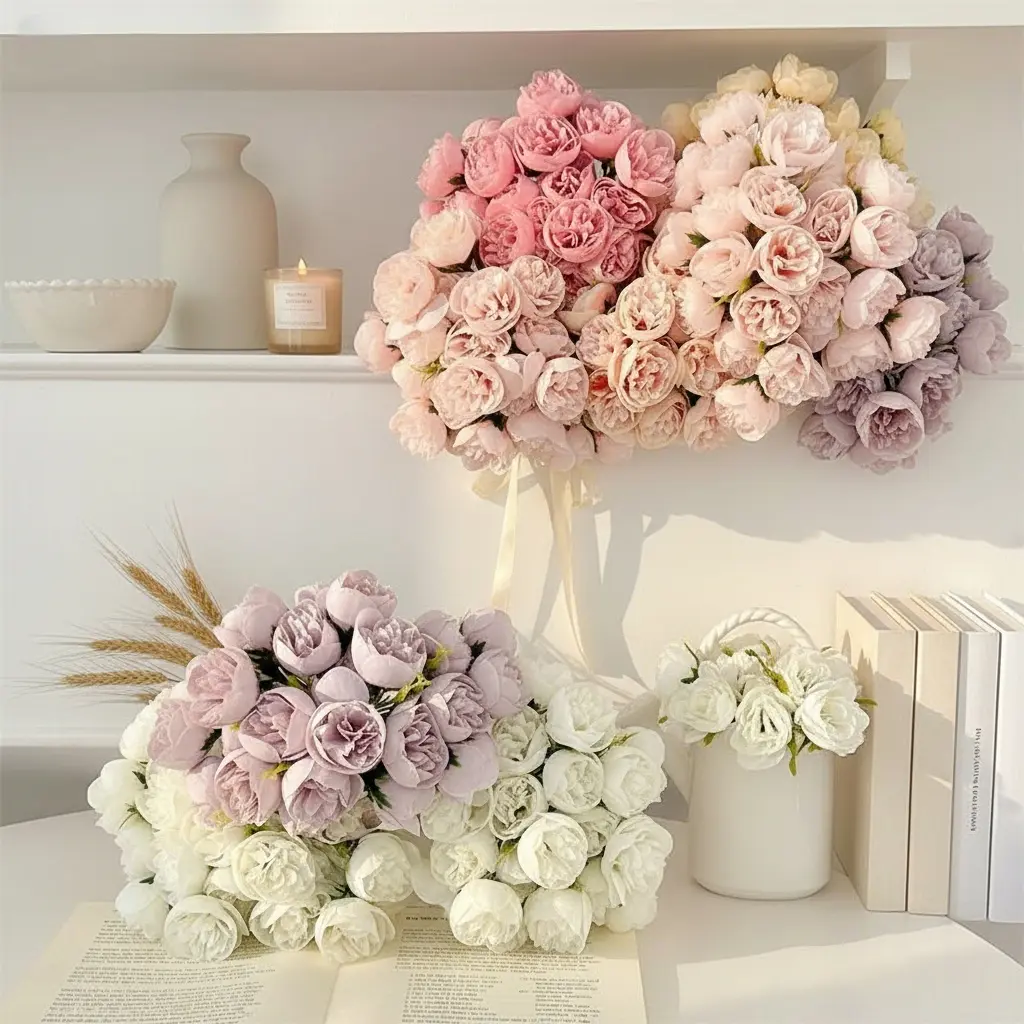 27-Head Tea Rose Artificial Bouquet Peony Style Faux Blooms for Wedding Arrangements Home Decor Photography Props Luxury Floral Displays Eco-friendly Recyclable Silk Flower Ornaments