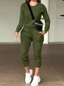 Women's Fall Winter Sporty Casual Two-Piece Set, Long Sleeve Elastic Waist Drawstring Pantsuit, Fashionable Ladies, Athletic Activewear Tracksuit, Sweatsuit Sets, Solid Sports Sets