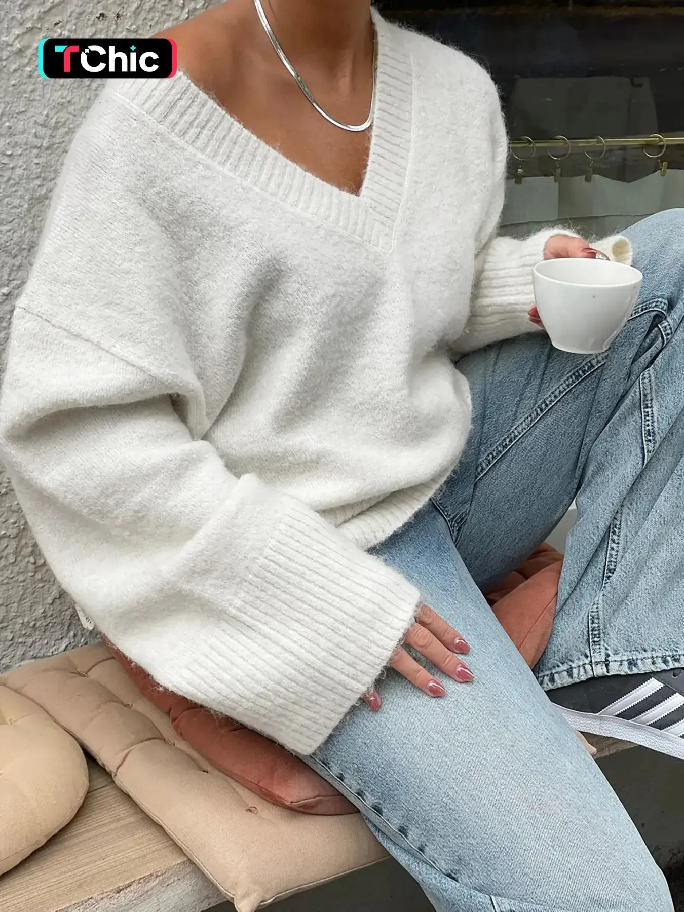 Women's V Neck Ribbed Loose-Fit Sweater, Casual Long Sleeve Pullover for Fall & Winter, Plain Knitted Top, Versatile Daily Wear