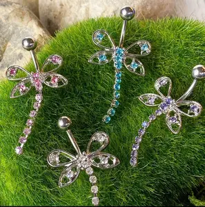 Butterfly W/ Paved Chain Gem Belly Ring Navel Naval Clear, Pink