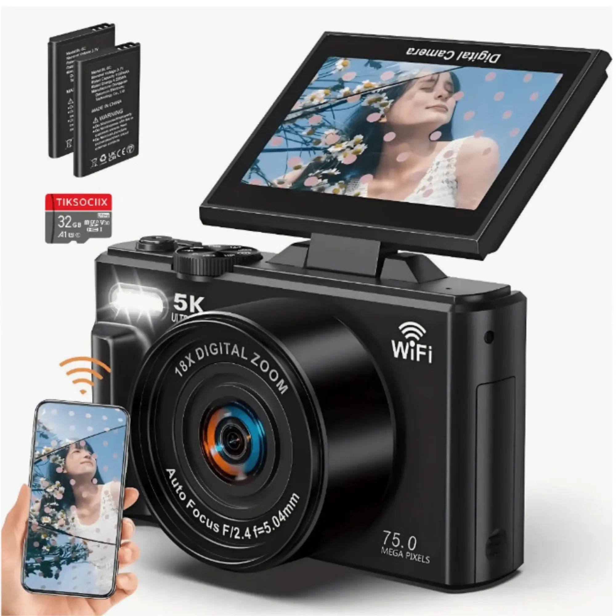 5K UHD Vlogging Camera Kit - 72MP Digital Camera with Flip Screen, WiFi, 32GB SD Card & 2 Batteries