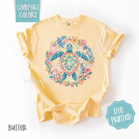 Turtle Comfort Colors Shirt, Cute Beach Tshirt, Trendy Summer Floral Tee, Gift for Her