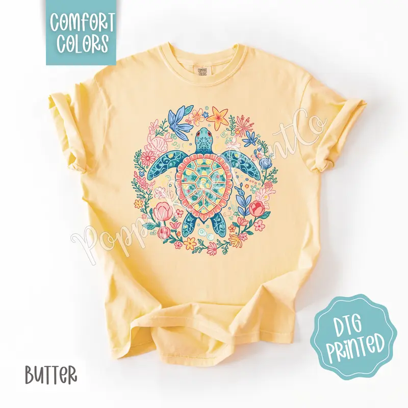 Turtle Comfort Colors Shirt, Cute Beach Tshirt, Trendy Summer Floral Tee, Gift for Her