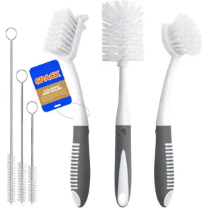 6PCS Kitchen Dish Brush Set – Bottle Brush, Scrub Brush, Pan Cleaner & Straw Brushes, Deep Cleaning Handle Brush with Scraper for Sink, Pots & Cups