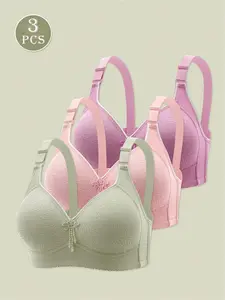 3-Pack Pastel Wireless Bras, Breathable Soft Comfort Lingerie, Adjustable Wide Strap Support Bra, Purple, Pink & Green Light Tone Set