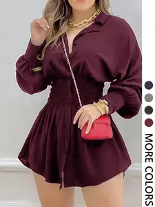 Women's Fashion Trendy Minimalist Solid Color Pleated Waist Long Sleeve Dress, Casual Fitted Style, All Seasons Wear, Plain Pattern, Womenswear