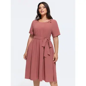 BLOOMCHIC Women's Plus Size Smooth Polyester Crepe Casual Basic Midi Dress - Knotted Shoulder, Waist-Tie, Shortsleeve, Pocket, Flattering Garment [M-6X] 2026 Summer Vibes