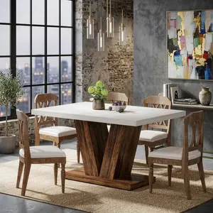 47 Inch White Oak Style Dining Table, Thickened MDF Irregular Dinner Table with Stable Pedestal Base, 4-6 People Household Eating Table, Rustic Industrial Style Easy Clean Leisure Desk for Home Kitchen Breakfast Nook Living Room Daily Use