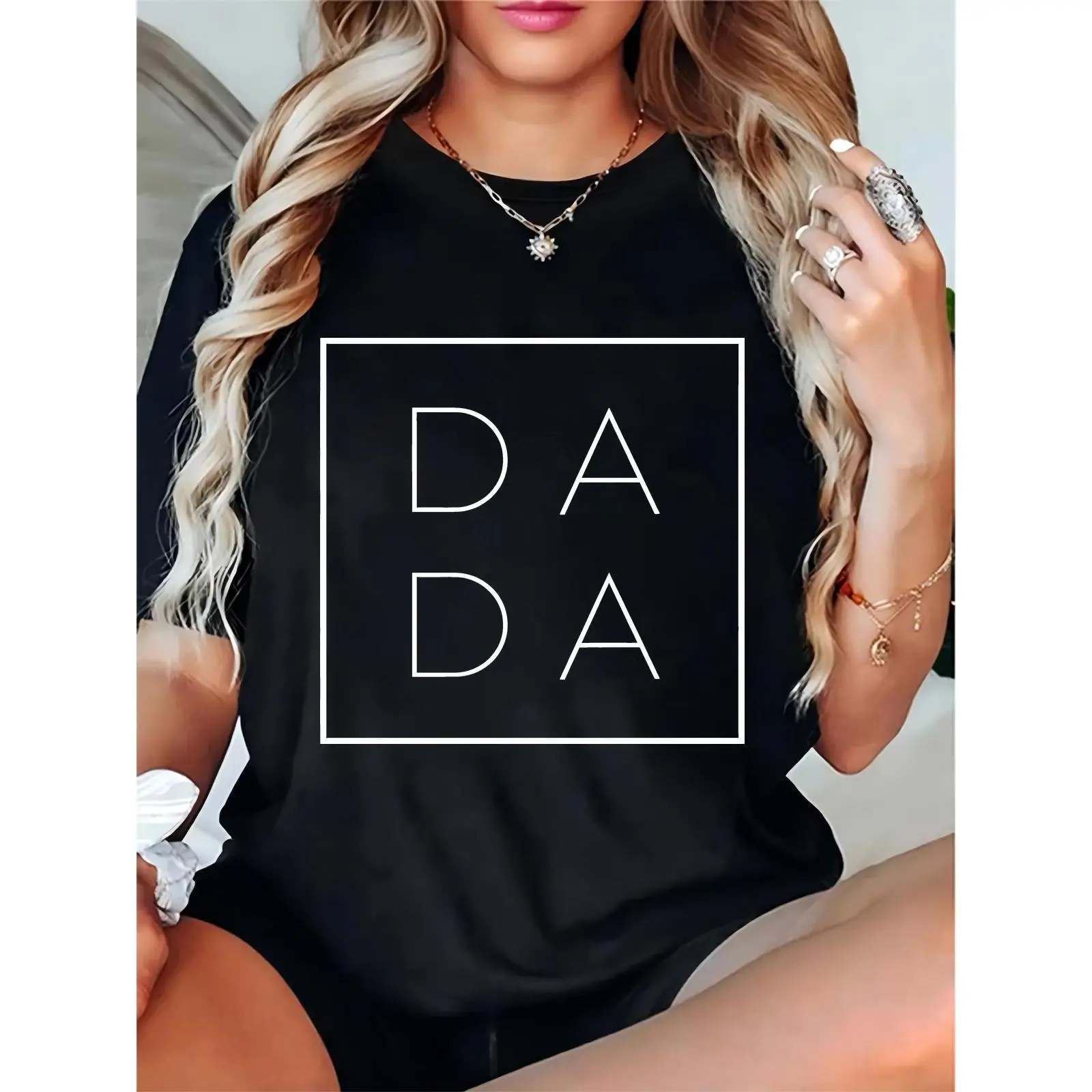 Women's Black DADA Graphic T-Shirt, 'DADA' Text in White Square, Casual Daily & Father's Day Wear for Women, Trendy Short Sleeve Tee