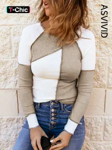 Women's Patchwork Seam Detail Ribbed Raglan Sleeve Slim Tee, Cute Casual Long Sleeve Round Neck T-shirt Fit for Spring & Fall, Fashion Style Womenswear Top for Daily Wear