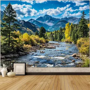 Nature Forest Mountain Tapestry Green Pine Tree Tapestry for Bedroom Aesthetic White Clouds Flowing River Landscape Classroom Tapestries Wall Hanging for Living Room Dorm Office