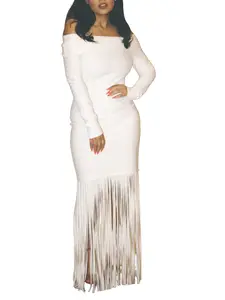 Elegant One-Shoulder Evening Dress, Sexy Tassel Fringe Bodycon Long Sleeve off Shoulder Wrap Gown, M3065 Style