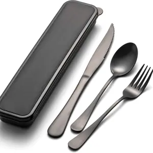 Portable Silver Color Cutlery Set with Box, Stainless Steel Reusable Utensils for Camping Gear Picnic Hiking Office (6.7 Inch), 4 Piece Travel Kit, Camping Accessories