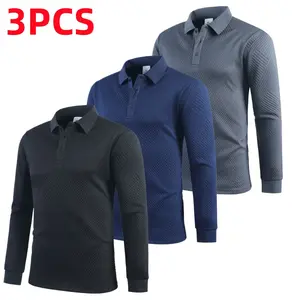 Men’s textured polo shirt with a turn-down collar and long sleeves, featuring a business-casual style. The classic turn-down design is sharp and well-structured, with delicate button detailing at the placket and an oblique geometric texture that adds visu