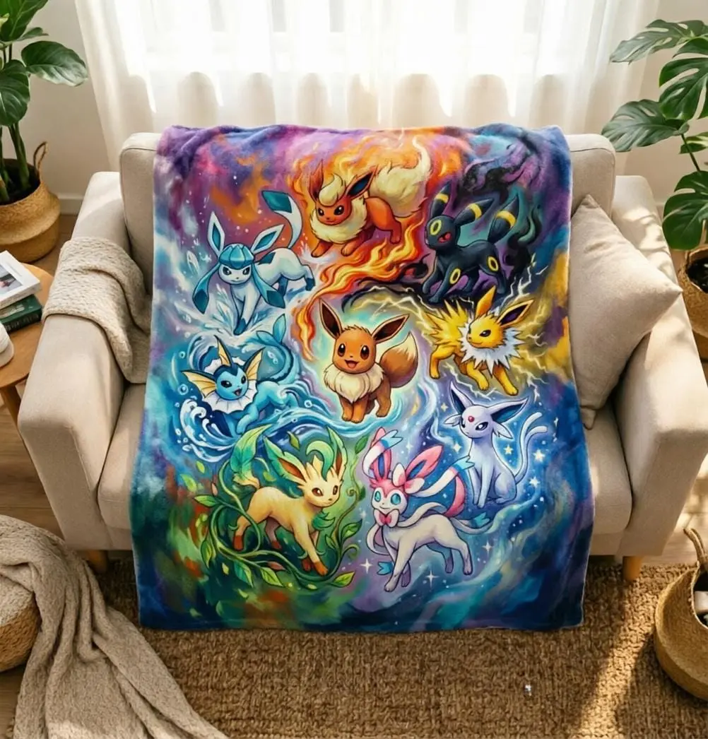 Eeveelution Soft Flannel Blanket, Starry Galaxy Throw, Keepsake Gift for Pocket Monster Fans