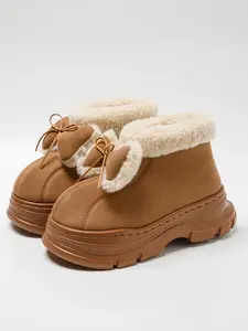 Women's Fashion Thick Sole Bowknot Suede Slipper Boots, Winter Indoor Outdoor Wear, High Heel Warm Cotton Shoes, Casual Style