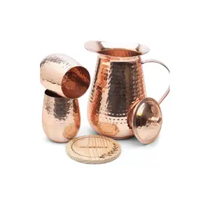 70 oz Pure Copper Water Pitcher with Lid, 2 Copper Cups and a Coaster Beverage Utensils Wooden Water Pitcher Set