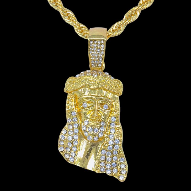 Religious Jesus Iced Pendant & 4mm 18" 20" 24" Rope Chain Hip Hop Style Necklace Jewelry Unisex Men Women