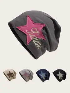 Star Patched Letter Embroidery Knitting Beanie Hat, Cute Beanies for Women & Men, Fashion Accessories for Daily Wear, Trendy All-match & Exquisite Hat for Birthday Gift