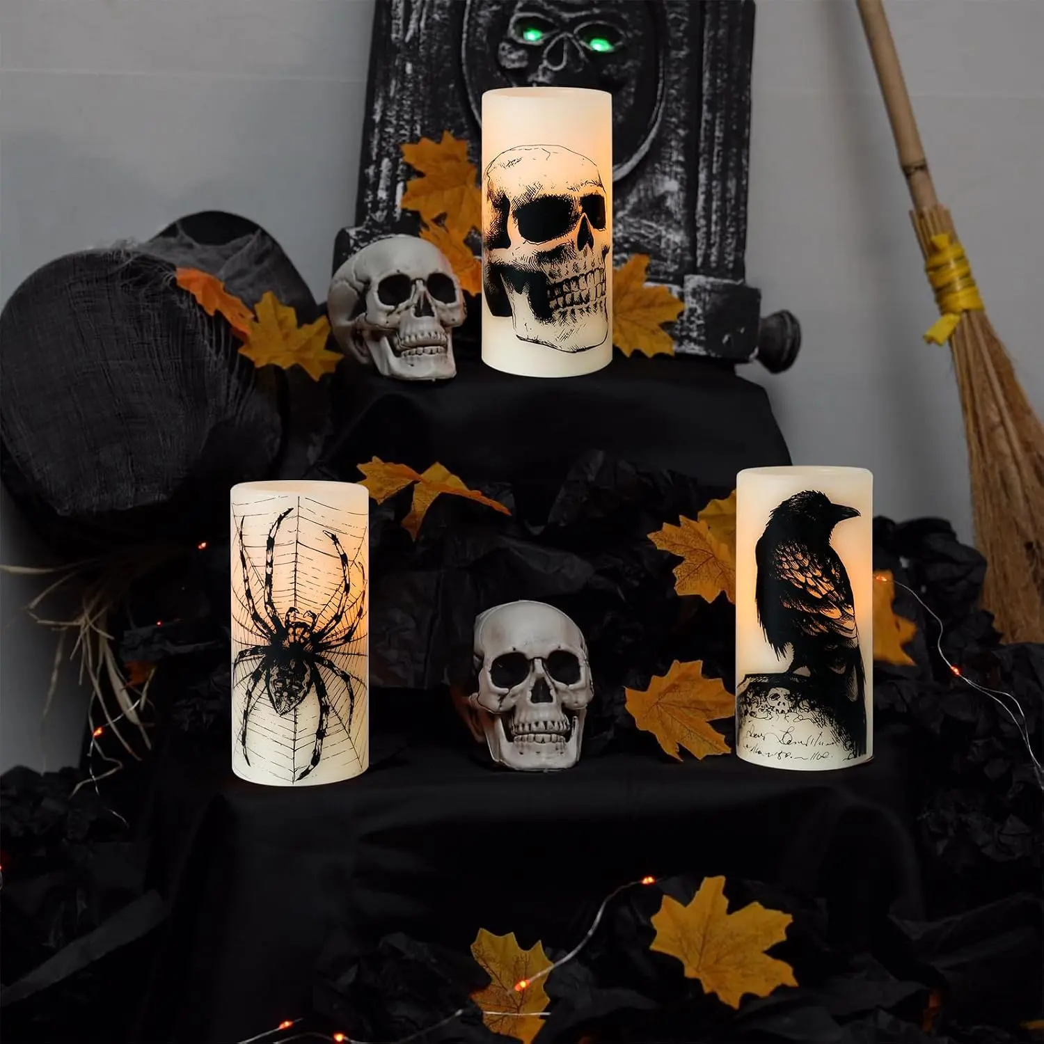 Halloween LED non-flame flickering candles, battery-powered, with a 6H timer, adorned with frightening patterns such as skeletons, spider webs, crows, and ravens. Suitable for indoor decorations themed around Halloween (3-piece set, D3 x H6).