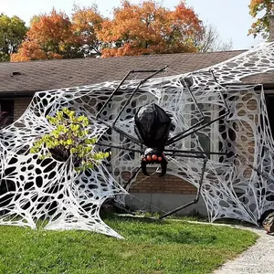 Halloween Spider Web Outdoor Decoration, 200 Square Feet Stretchable Scary Spider Web, Wall-Mounted Fabric with 10 Ground Stakes