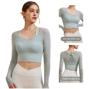Mesh Long Sleeve Crop Tops For Women Double Lined Workout Athletic Gym Shirts Cropped Tops With Built In Fixed Bra Women's