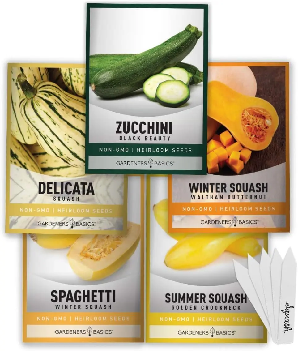 5-Variety Squash Seeds for Planting, Non-GMO Heirloom Vegetable Seed Collection, Zucchini, Delicata, Butternut, Spaghetti & Golden Crookneck for Home Garden