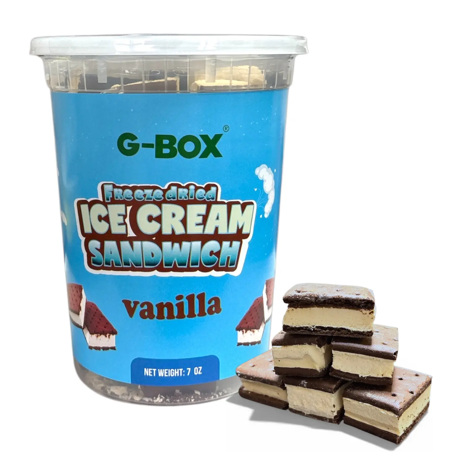 G-BOX Freeze-Dried Ice Cream Sandwich in Air-Tight Sealed Container - Vanilla Flavor, Chocolate Wafers, Sweet Treats, Snack Packs