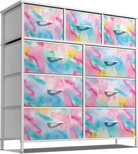 Sorbus Dresser - 9 Drawers Furniture Storage Chest - Steel Frame, Wood Top, Tie-Dye Fabric Bins