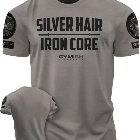 083. Silver Hair Iron Core Funny Workout Gym T-Shirts for Men Athletic Running Tee Athletic Tops Athleisure Breathable Clothes Fitness Outfit