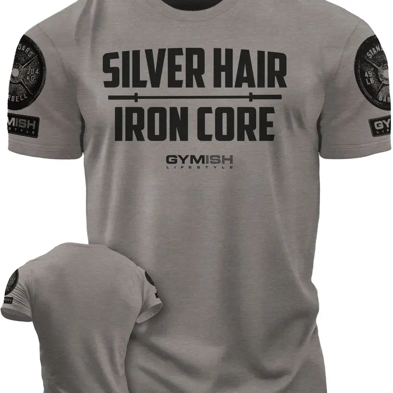 083. Silver Hair Iron Core Funny Workout Gym T-Shirts for Men Athletic Running Tee Athletic Tops Athleisure Breathable Clothes Fitness Outfit